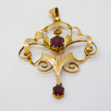 Edwardian 9ct Yellow Gold Garnet Set Lavalier Drop Pendant Antique c1910