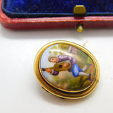 Edwardian 9ct Yellow Gold Brooch with Painted Porcelain Lute Player c1910