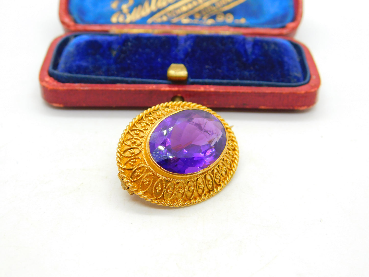 Victorian 18ct Yellow Gold & Amethyst Set Etruscan Style Brooch Antique c1880