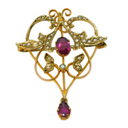 Edwardian 9ct Yellow Gold, Garnet, Seed Pearl Lavalier Pendant Antique c1910