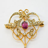 Edwardian 9ct Yellow Gold, Garnet, Seed Pearl Lavalier Pendant Antique c1910