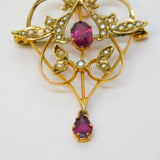 Edwardian 9ct Yellow Gold, Garnet, Seed Pearl Lavalier Pendant Antique c1910