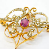 Edwardian 9ct Yellow Gold, Garnet, Seed Pearl Lavalier Pendant Antique c1910