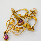 Edwardian 9ct Yellow Gold, Garnet, Seed Pearl Lavalier Pendant Antique c1910