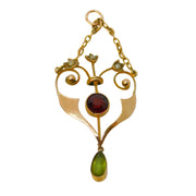 Edwardian 9ct Gold, Garnet, Peridot, Seed Pearl Lavalier Pendant Antique c1910