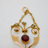 Edwardian 9ct Gold, Garnet, Peridot, Seed Pearl Lavalier Pendant Antique c1910
