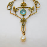 Edwardian 9ct Yellow Gold, Topaz, Seed Pearl Lavalier Pendant Antique c1910