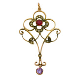 Edwardian 9ct Rose Gold, Garnet, Amethyst, Pearl Floral Lavalier Pendant Antique c1910