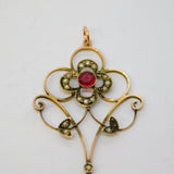 Edwardian 9ct Rose Gold, Garnet, Amethyst, Pearl Floral Lavalier Pendant Antique c1910