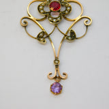 Edwardian 9ct Rose Gold, Garnet, Amethyst, Pearl Floral Lavalier Pendant Antique c1910