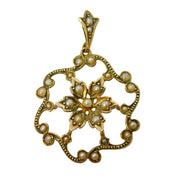 Edwardian 9ct Yellow Gold & Seed Pearl Set Floral Pendant Antique c1910