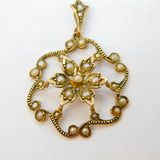 Edwardian 9ct Yellow Gold & Seed Pearl Set Floral Pendant Antique c1910