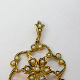 Edwardian 9ct Yellow Gold & Seed Pearl Set Floral Pendant Antique c1910