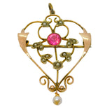 Edwardian 9ct Gold, Topaz, Seed Pearl Lavalier Drop Pendant Antique c1910