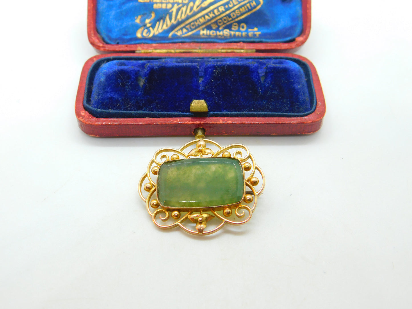 9ct Yellow Gold & Moss Agate Set Art Nouveau Brooch Antique c1900 Victorian