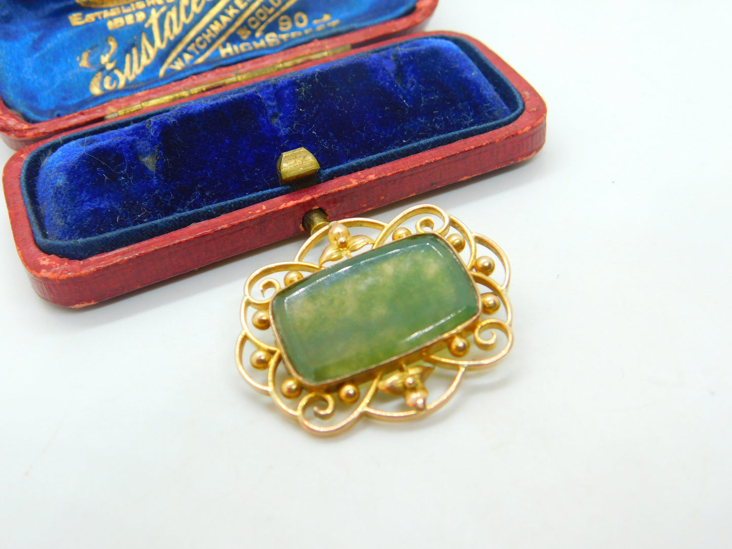 9ct Yellow Gold & Moss Agate Set Art Nouveau Brooch Antique c1900 Victorian