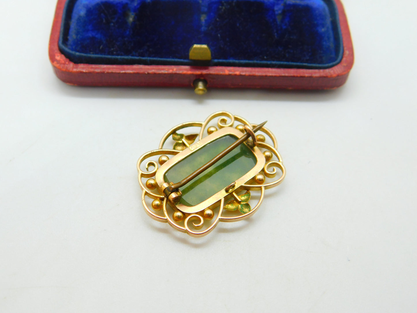 9ct Yellow Gold & Moss Agate Set Art Nouveau Brooch Antique c1900 Victorian