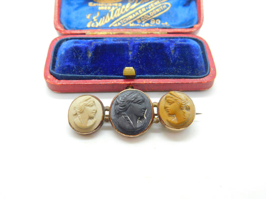 Georgian 9ct Rose Gold, Basalt & Lava High Relief Cameo Brooch Antique c1820