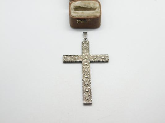 Large Sterling Silver Floral Pattern Christian Cross Pendant 1949 Birmingham