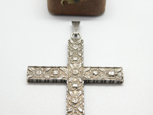 Large Sterling Silver Floral Pattern Christian Cross Pendant 1949 Birmingham