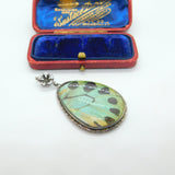Large Sterling Silver & Morpho Butterfly Wing Drop Pendant Antique c1920 Deco