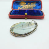 Large Sterling Silver & Morpho Butterfly Wing Drop Pendant Antique c1920 Deco