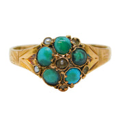 Victorian 12.5ct Yellow Gold, Turquoise & Seed Pearl Floral Ring Antique 1879 Birmingham