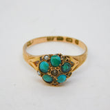 Victorian 12.5ct Yellow Gold, Turquoise & Seed Pearl Floral Ring Antique 1879 Birmingham