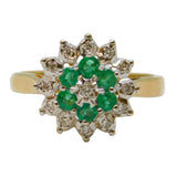 9ct Yellow Gold, Emerald & Diamond Floral Cluster Ring Vintage 1990 Birmingham