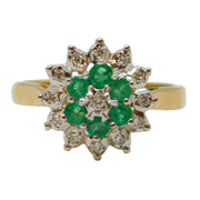 9ct Yellow Gold, Emerald & Diamond Floral Cluster Ring Vintage 1990 Birmingham