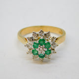 9ct Yellow Gold, Emerald & Diamond Floral Cluster Ring Vintage 1990 Birmingham