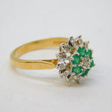 9ct Yellow Gold, Emerald & Diamond Floral Cluster Ring Vintage 1990 Birmingham