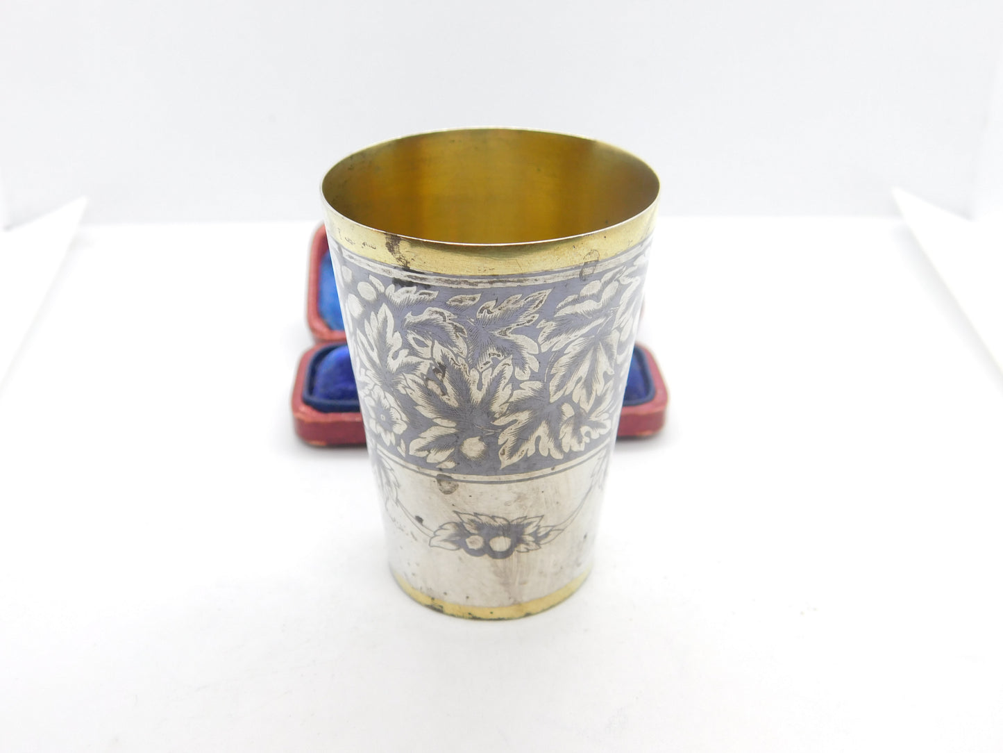 Russian Silver Gilt & Niello Enamel .875 Grade Vodka Shot Cup Antique c1880