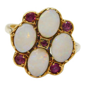 9ct Yellow Gold, White Opal & Ruby Cluster Ring Vintage London 1985