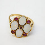 9ct Yellow Gold, White Opal & Ruby Cluster Ring Vintage London 1985