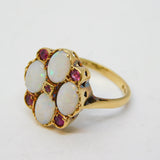 9ct Yellow Gold, White Opal & Ruby Cluster Ring Vintage London 1985