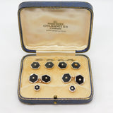 Boxed Victorian 9ct Rose Gold, Enamel & Pearl Stud, Cufflinks, Button Set c1880