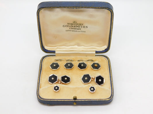 Boxed Victorian 9ct Rose Gold, Enamel & Pearl Stud, Cufflinks, Button Set c1880