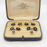 Boxed Victorian 9ct Rose Gold, Enamel & Pearl Stud, Cufflinks, Button Set c1880