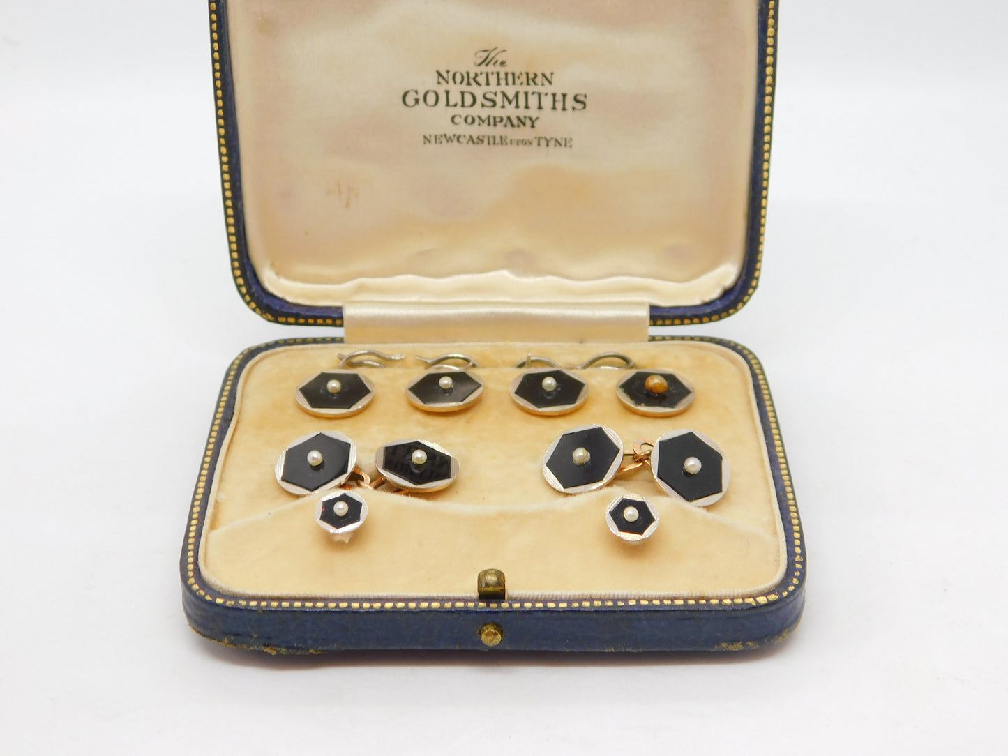 Boxed Victorian 9ct Rose Gold, Enamel & Pearl Stud, Cufflinks, Button Set c1880