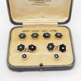 Boxed Victorian 9ct Rose Gold, Enamel & Pearl Stud, Cufflinks, Button Set c1880