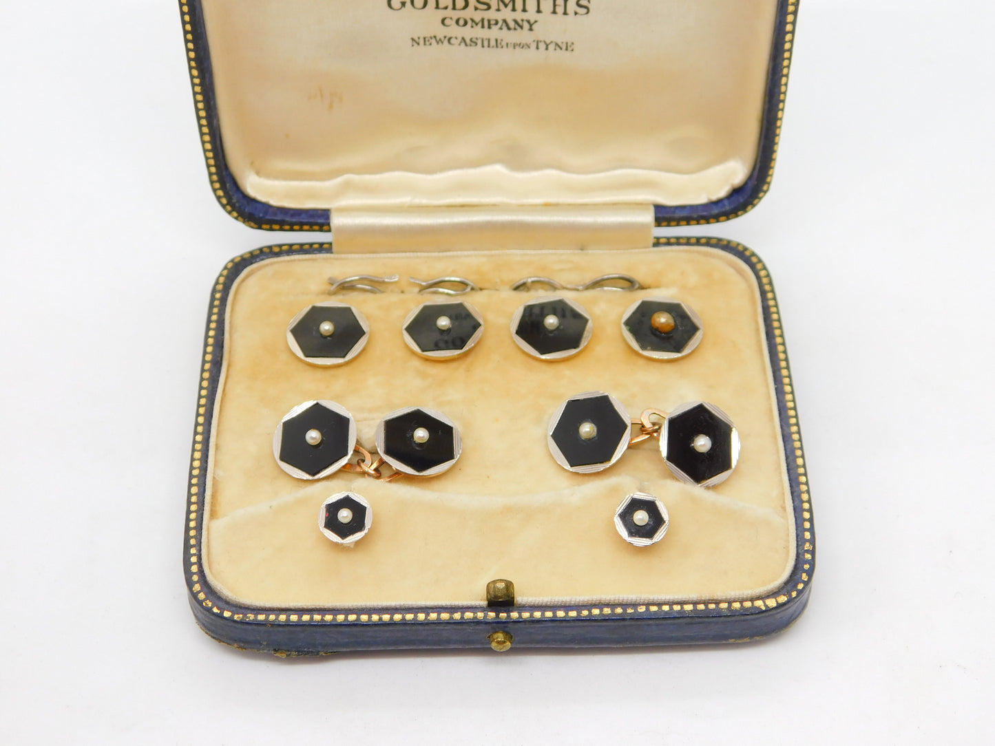 Boxed Victorian 9ct Rose Gold, Enamel & Pearl Stud, Cufflinks, Button Set c1880