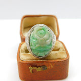 Qing Period Chinese Sterling Silver & Apple Green Carved Jade Signet Ring c1880
