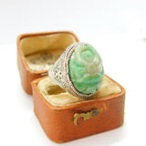 Qing Period Chinese Sterling Silver & Apple Green Carved Jade Signet Ring c1880
