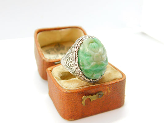 Qing Period Chinese Sterling Silver & Apple Green Carved Jade Signet Ring c1880