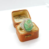 Qing Period Chinese Sterling Silver & Apple Green Carved Jade Signet Ring c1880