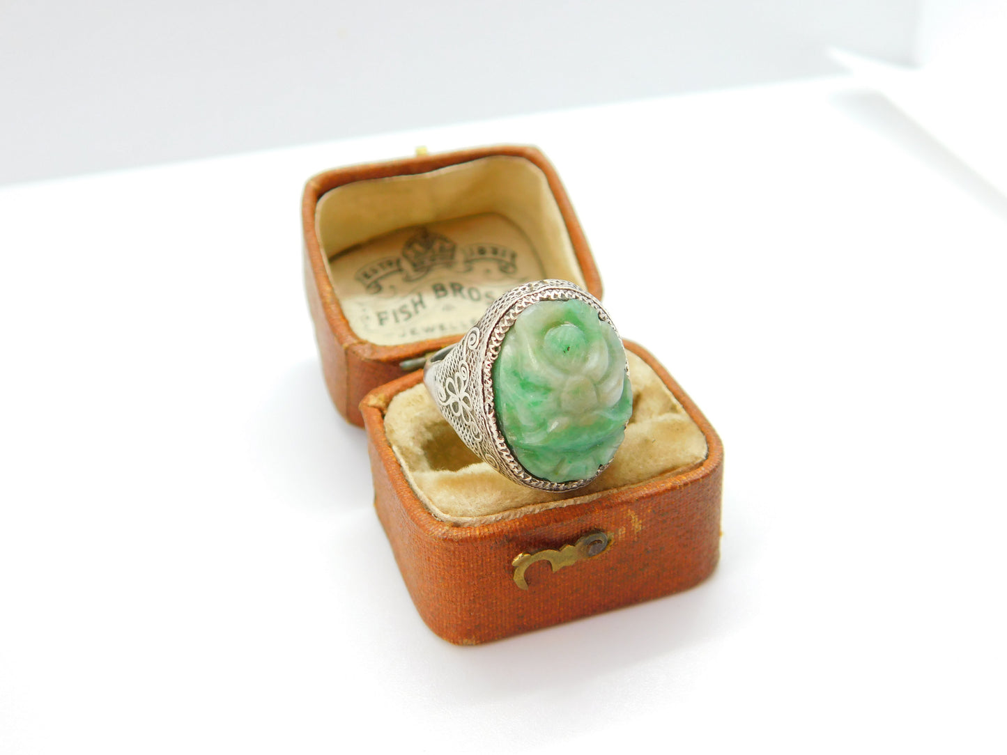 Qing Period Chinese Sterling Silver & Apple Green Carved Jade Signet Ring c1880