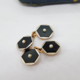 Boxed Victorian 9ct Rose Gold, Enamel & Pearl Stud, Cufflinks, Button Set c1880