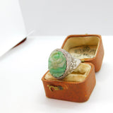 Qing Period Chinese Sterling Silver & Apple Green Carved Jade Signet Ring c1880