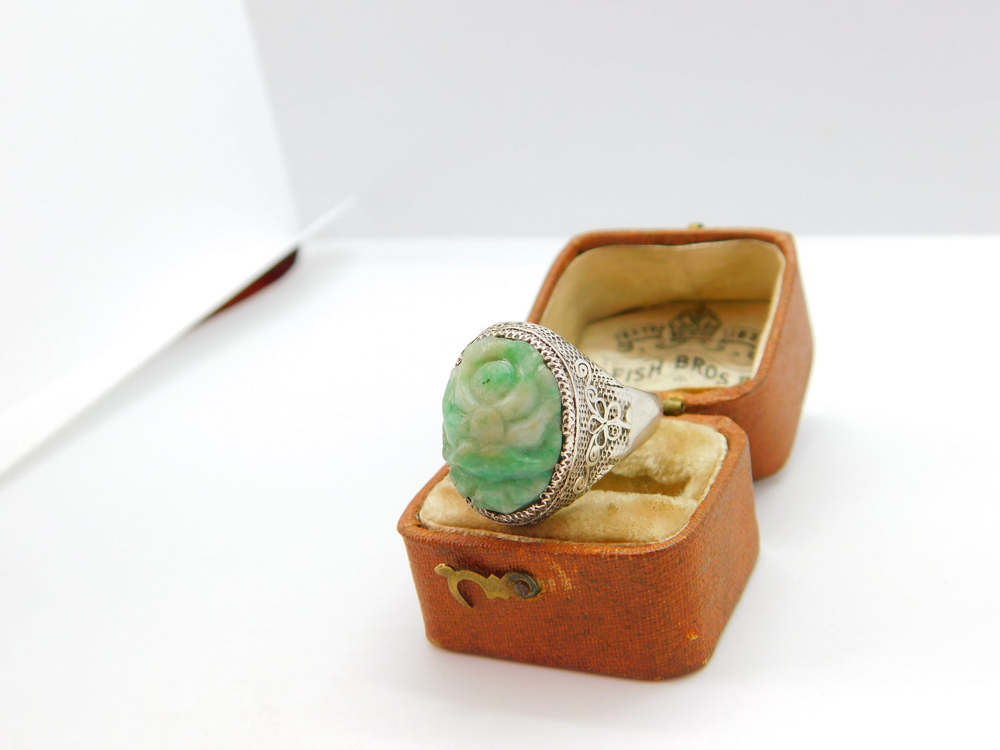 Qing Period Chinese Sterling Silver & Apple Green Carved Jade Signet Ring c1880